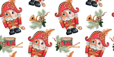 Nutcracker, drum, bugle, fir branches, pine cones watercolor illustration in steampunk style, hand drawn. Christmas, New Year seamless pattern isolated from background. png