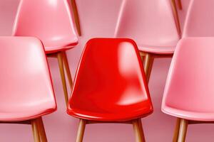 Rows of blush-pink chairs with a striking red accent seat creating a bold minimalist contrast in a modern seating arrangement photo