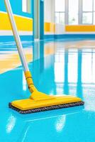 Cleaning worker mops a vibrant corridor in a school with natural light illuminating the space, showcasing professional hygiene practices and attention to detail photo