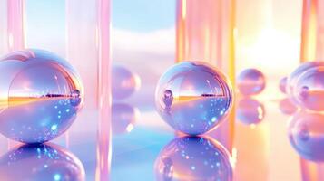 Stylized virtual environment featuring floating spheres and pastel architecture in a dreamy 3D landscape photo