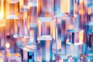 Exploration of transparent geometric shapes in neon colors creating prismatic reflections in a digital art installation photo
