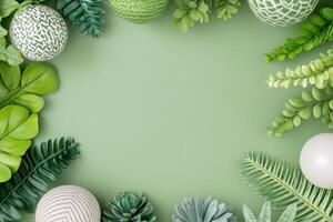 Modern flatlay inspired by nature featuring monochromatic green elements, highlighting plants and ceramics in a balanced arrangement for a serene ambiance photo