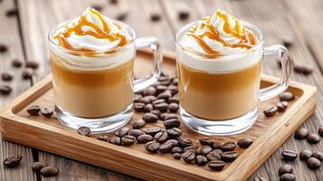 Delicious mocha coffee cocktail with whipped cream and caramel swirls presented on a wooden tray with coffee beans and warm lighting ambiance photo