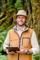 Botanist conducts field research in a lush forest using digital tablet for data collection and exploration in natural habitat photo