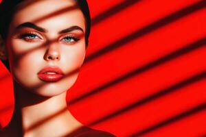 Dramatic editorial portrait with coral-red lighting and expressive pose creating a cinematic retro vibe photo