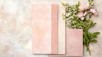 Delicate paper textures in peony pink with taupe and beige create a romantic moodboard for elegant branding and stationery design inspiration photo