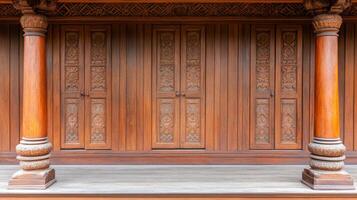 Elegant Kerala tharavadu house showcasing intricately carved wooden doors and traditional architecture with clay-tiled roof and detailed verandal design photo