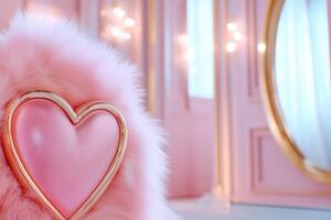 Unique barbiecore-inspired room decor featuring playful pink walls, plush rug, and heart-shaped mirror creating a nostalgic atmosphere photo