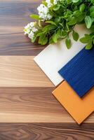 Color swatch board featuring baby blue as the base with complementary colors white, peach, and navy for versatile design palettes photo