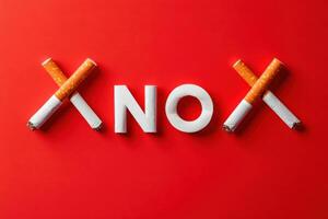 Crossed Cigarettes Forming X Shape Framing Word No on Red Background photo