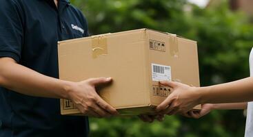 Seamless handover of package between delivery man and recipient, showcasing efficient service photo