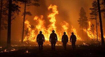 Firefighters bravely battling a raging wildfire amidst towering trees in the dark, showcasing resilience and community support photo