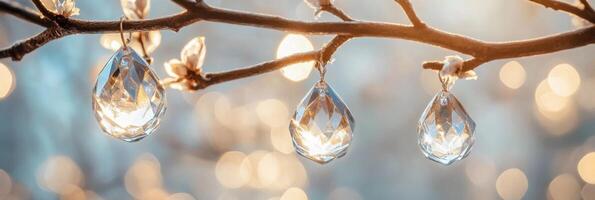 Crystal drops hanging on a tree branch reflecting sunlight photo
