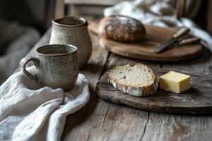Rustic breakfast with bread, butter and coffee on wooden table photo