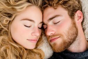 Serene couple sleeping together with foreheads touching, enjoying intimacy and shared dreams photo