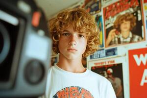 Young boy recording a diary with posters on background photo