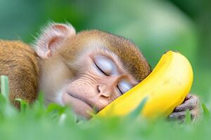 Baby monkey sleeping and hugging a banana on green grass photo