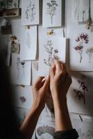 Artist pinning botanical prints on white wall creating moodboard photo