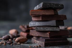 Stack of dark and milk chocolate bars with cocoa beans and almonds on dark marble table photo