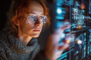 Female programmer working on cybersecurity, analyzing big data on futuristic interface photo