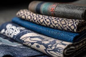 Stack of traditional Japanese fabrics showing indigo dye and floral patterns photo