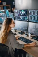 It specialist working on multiple monitors showing graphs and code photo