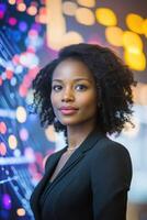 Cybersecurity professional posing in front of network diagram photo