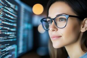 Software engineer working on cybersecurity, analyzing source code on computer screen photo