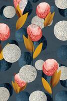 Scandinavian-inspired seamless pattern featuring stylized flowers and geometric shapes creating a modern and vibrant design photo