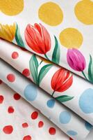 Colorful fabrics with floral and polka dot patterns showcasing Scandinavian design photo
