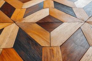 Wooden geometric pattern flooring design showcasing rich textures and colors in a modern interior space, emphasizing craftsmanship and aesthetic appeal, flooring concept photo