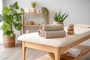 Massage table with rolled towels, plant and stones in modern holistic therapy studio photo