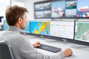 Coast guard officer monitoring maritime traffic using multiple computer screens in control center photo