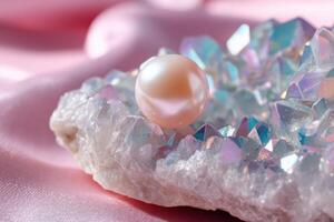 Elegant pearl resting on shimmering crystals with soft pink fabric backdrop photo