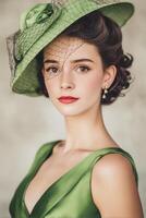Elegance in green dress and hat captured during a fashion photoshoot in a studio setting photo