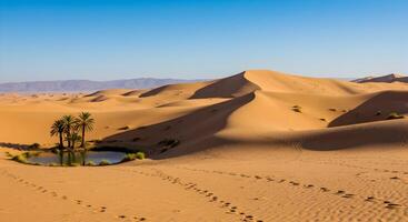 Oasis in the Sahara Desert with Palm Trees and Rippling Sand Dunes photo