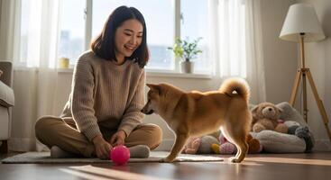Cheerful asian woman playing with her Shiba Inu dog in a sunlit room, creating a heartwarming and joyful scene of companionship photo