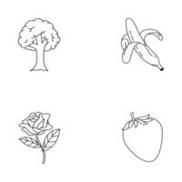 Outline Illustration Collection Of Tree Banana Rose And Strawberry On White Background vector