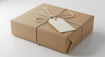 A neatly wrapped gift box tied with string and a blank tag, perfect for personalized messages and celebrations photo
