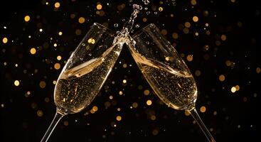 Elegant Champagne Toast with Golden Bokeh Lights for Celebration photo