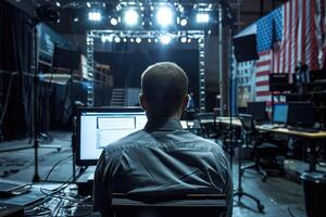 A Man Working at a Computer in a Stage Setup photo