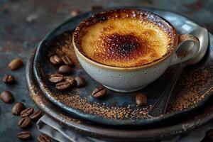 Coffee-Flavored Creme Brulee in a Cup with Coffee Beans photo