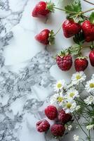 Red Berries and White Flowers on a Marble Background photo