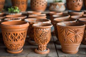 Ornate Clay Pots Displayed on Wooden Table photo