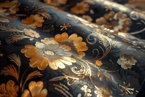 Golden Floral Pattern on Black Fabric photo