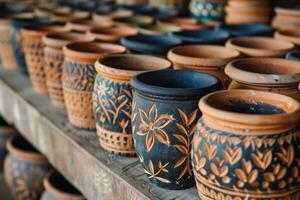 Ornate Clay Pots on a Wooden Shelf photo