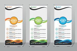 Business roll up banner template,Various Business Service Banners Showcasing Different Styles and Colors in a Display SettingBusiness roll up banner template, vector