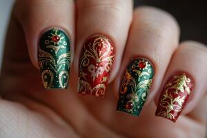 Christmas Nail Art with Green and Red Base and Gold Patterns photo