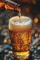 Pouring Beer Into a Glass with Bokeh Background photo