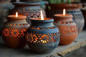 Intricately Carved Clay Candle Holders with Warm Glowing Flames photo